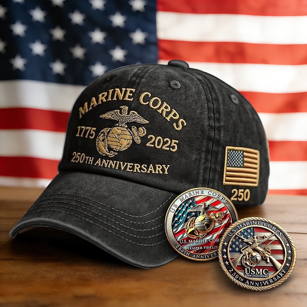 Cappellino da baseball retrò lavato in onore del 250° anniversario dei Marines degli Stati Uniti con 2 monete commemorative, cappello vintage ricamato per il 250° anniversario dei Marines degli Stati del 2026 a $31.99 –P2