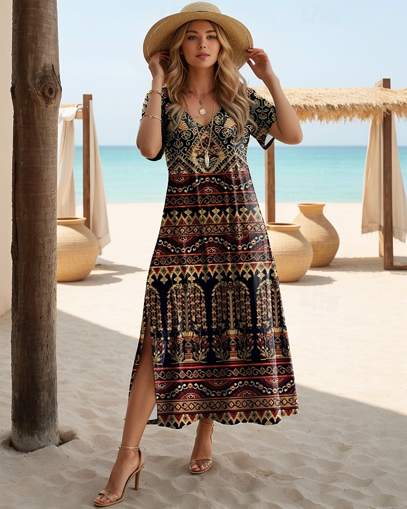 Damen Midikleid A Linie Kleid Lässig Täglich Normale Passform Blumen Abstrakt Kurzarm V Ausschnitt Schwarz Weiß Leicht Braun Orange Sommer Frühling 2026 - AU $18.1 –P5