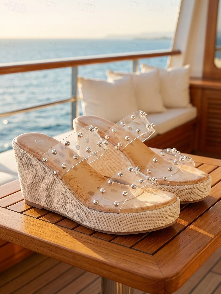 Sandalias transparentes para mujer con adornos de perlas: diseño elegante de cuñas transparentes, calzado cómodo y elegante para verano, playa y salidas informales. 2026 - $42.99 –P2
