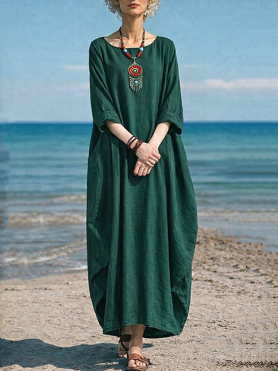 Women's Cotton Linen Maxi Dress Shift Dress Casual Daily Regular Fit Plain 3/4 Length Sleeve Crew Neck Blue White Red Dark Green Summer Spring Fall 2026 - $14.99 –P8