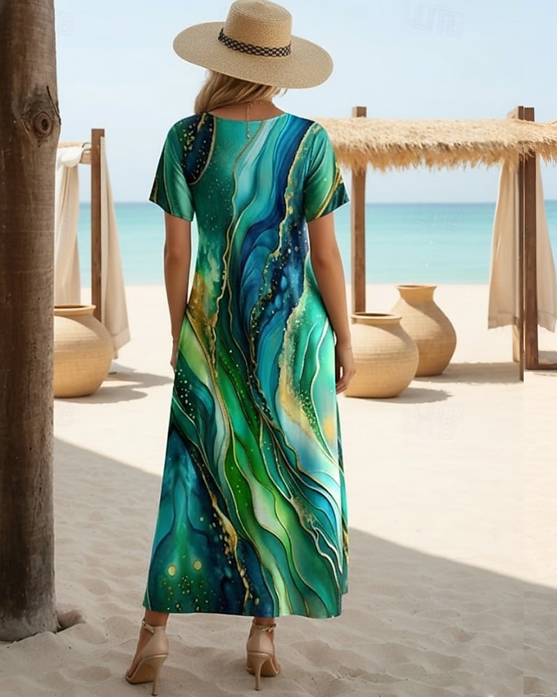 Жен. Платье средней длины Сарафан Платье A-силуэта Отпуск На каждый день Пляжный стиль На выход Стандартный Омбре Графика Геометрический принт С короткими рукавами "Круглый вырез ""под горло""" 2026 - $25.99 –P2