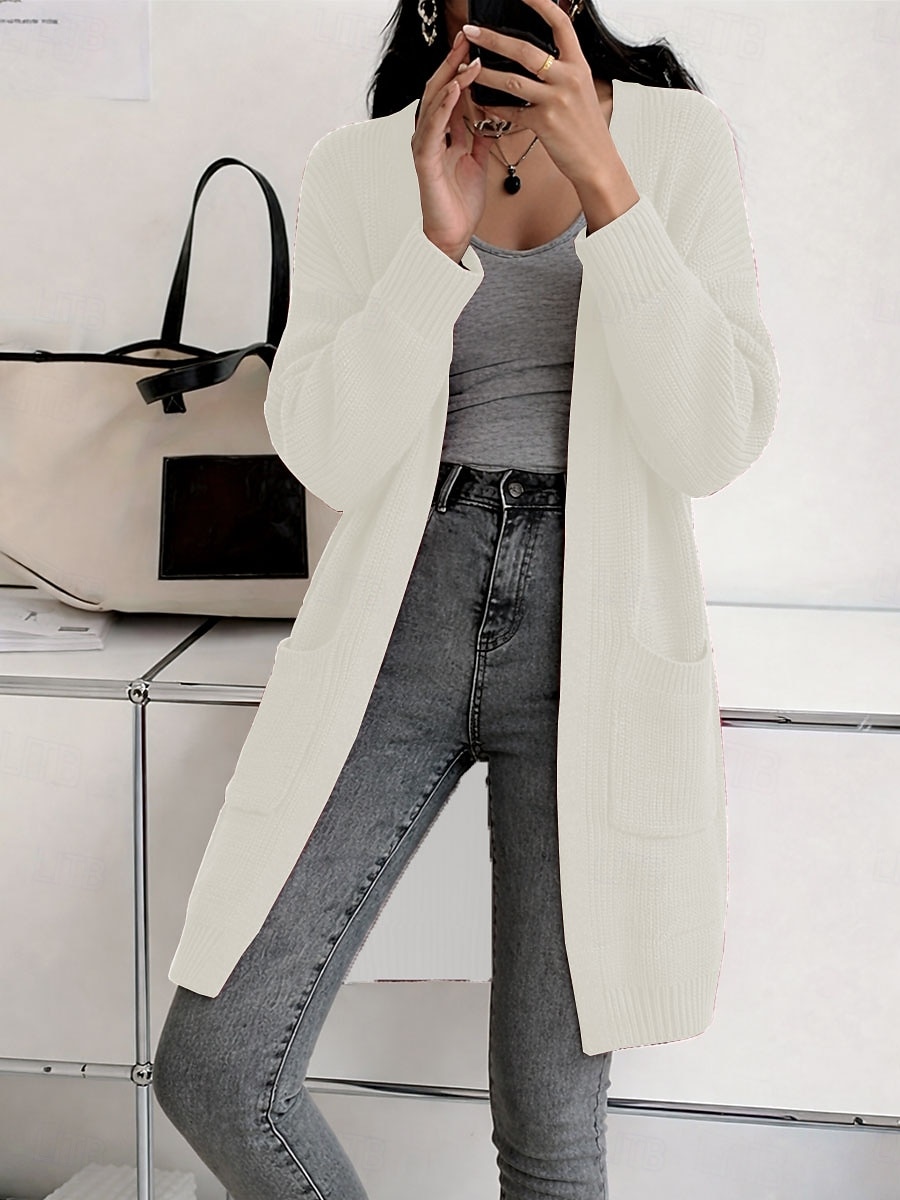 Жен. Вязаная ткань Кардиган Мода Уличный стиль На каждый день Чистый цвет Рельефный узор Открытый перед Карман Трикотаж Длинный рукав Длинные топы Вязать на открытом воздухе Повседневные выходные 2026 - $14.99 –P3