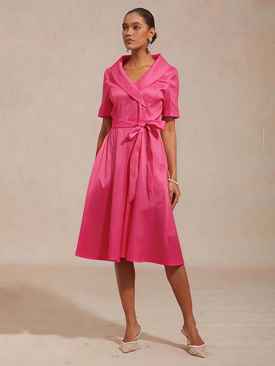 Mujer Mini vestido Vestido de una línea Vestido ajustado Elegante Invitado a la boda Fiesta de Cóctel corbata frontal Ajuste regular Color sólido Manga Corta Escote en Pico Fucsia 2026 - $98.99 –P5