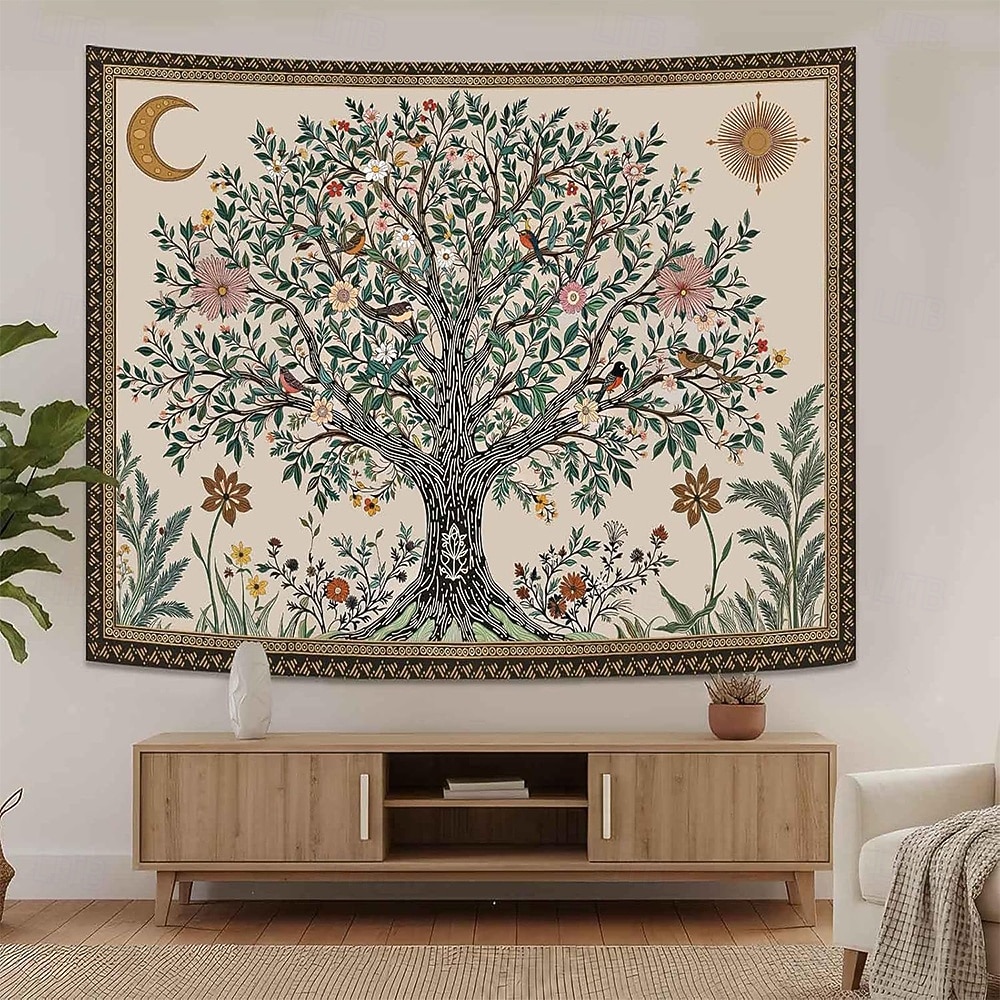 Tapeçaria de parede vintage estética com árvore da vida, fundo floral botânico da natureza, decoração boêmia para quarto, arte de parede grande para decoração de apartamento ou dormitório. de 2026 por $19.99 –P6