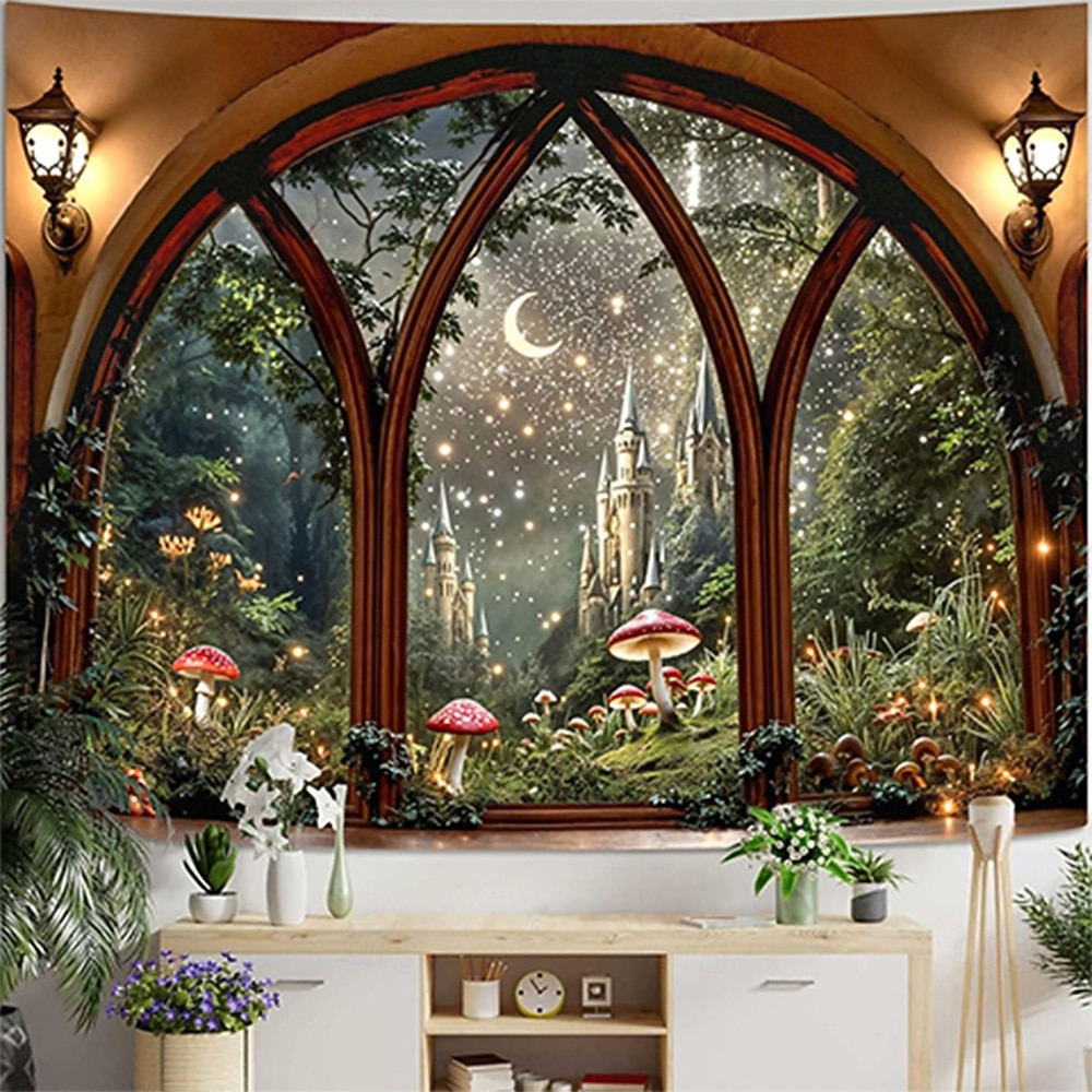 3D-bibliotekteppe veggteppe vintage bokhyllemønster stor stoffveggkunst buet vindu skogutsikt romdekor til stue/studie 2026 - $19.99 –P7