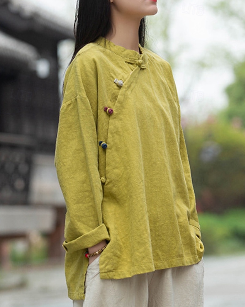 Camicia da donna a maniche lunghe con colletto alla coreana in lino biologico del 2026 a $45.99 –P1