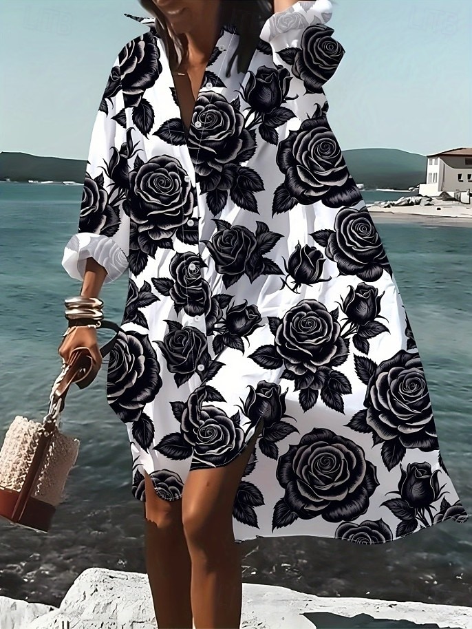 Pentru femei Rochii Midi Rochii Tip Cămașă Rochie casual Rochie de vară Elegant Vacanță Tropical Plajă Potrivire Largă Floral Manșon Lung Guler Cămașă Albastru piscină Negru Alb Vară Primăvară 2026 - $45.99 –P1