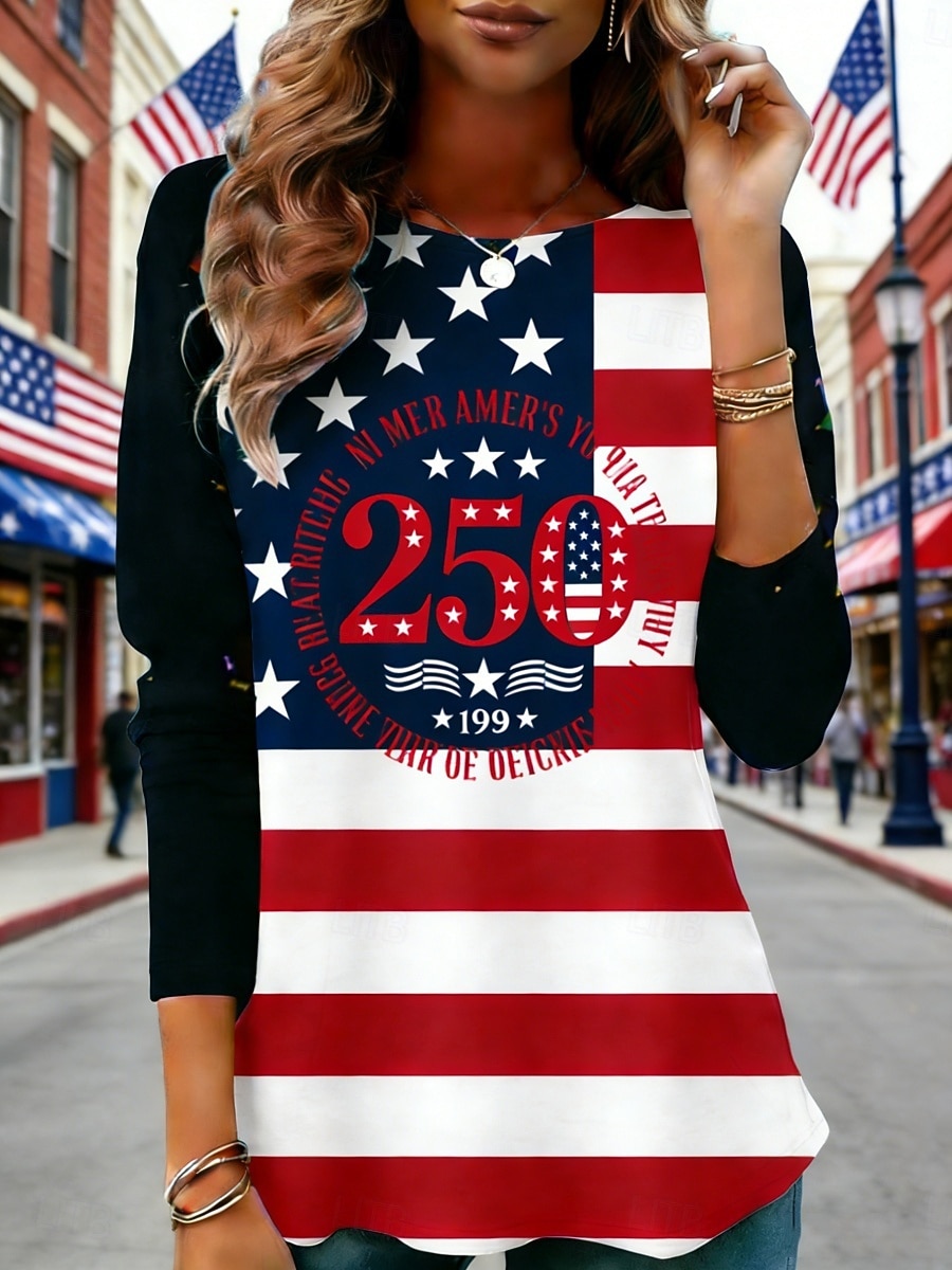 día de la independencia americana Mujer Camiseta Camiseta superior Estampado Graphic Bandera estadounidense Moda Elegante Clásico Manga Larga Cuello Barco Tops regulares Diario Fin de semana Ropa de 2026 - $19.99 –P1