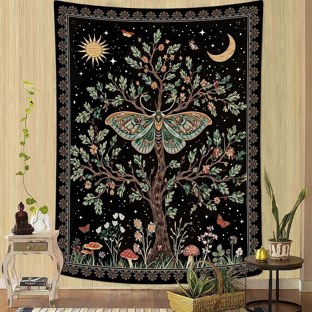 vintage luna moly fali kárpit misztikus természet életfa holdfázisokkal csillagok vadvirág gomba esztétikus dekoráció hálószobába, kollégiumi szobába 2026 - $19.99 –P1