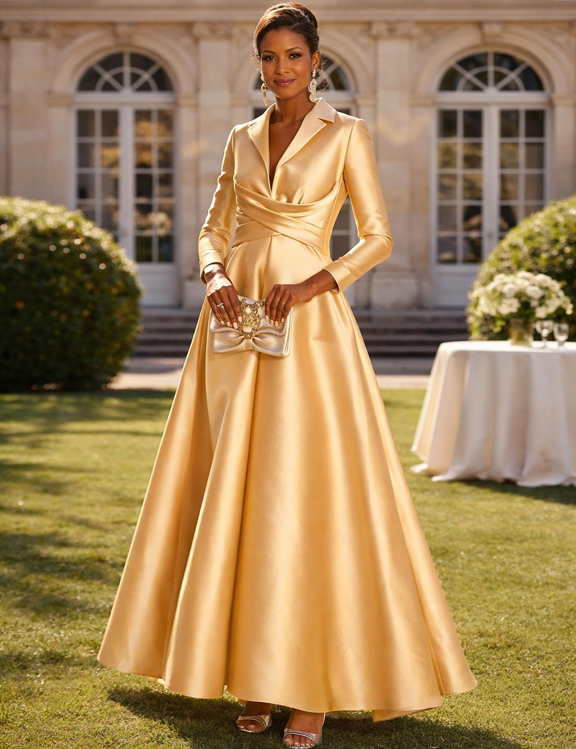 Linea ad A Lunghezza al pavimento Abito da invitata a nozze Abito Formale Abito svasato Abito da cerimonia per signora Manica Lunga Colletto a Camicia Elegante Formale Ospite di nozze Raso con del 2026 a $153.99 –P1