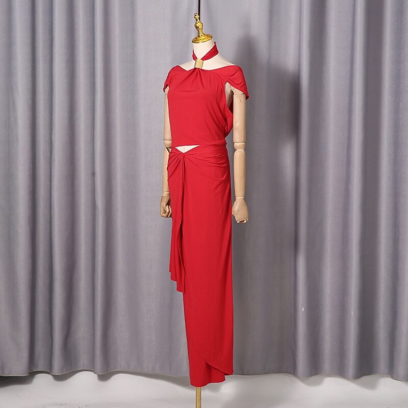 Two Piece Sheath Column Floor Length Wedding Guest Dress Wedding Guest Dresses Elegant Daily Cap Sleeve Halter Neck Garden Party Wedding with Ruched 2026 - $126.99 –P8