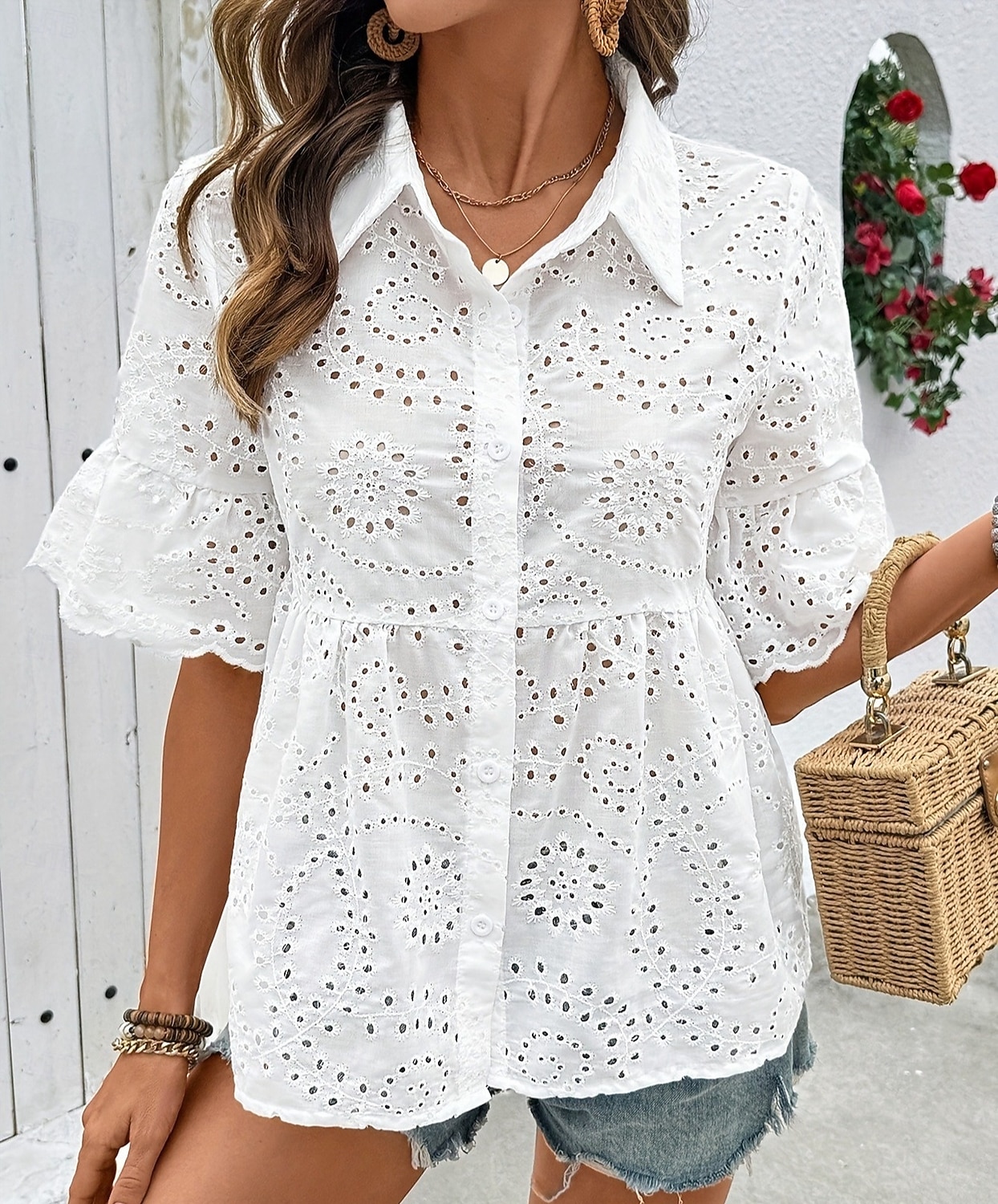 Women's Summer Shirt Casual Shirt Blouse Hollow Out Eyelet Solid Color Elegant Stylish Casual Sleeveless Bell Sleeve Turndown Regular Tops Daily Holiday Going out White Summer Spring 2026 - $32.99 –P3