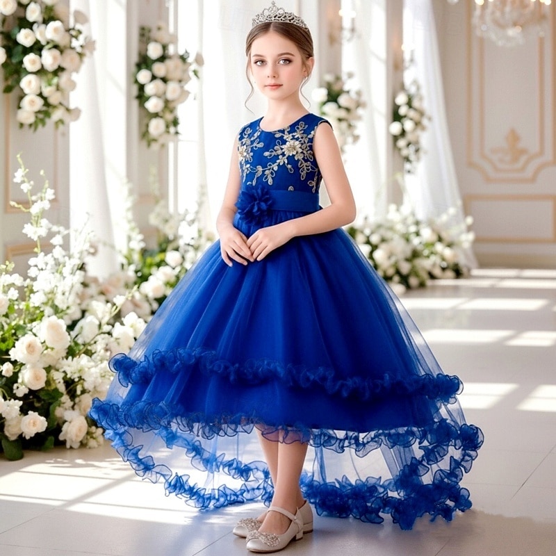Robe de Demoiselle d'Honneur Fille Fille Robe de soirée Tenue de mariage Soirée Mariage Formel Élégant Mode Beau Maille Fleuri Sans manches Col Rond Gris bleu marine 4 ans et + de 2026 ? $29.99 –P1