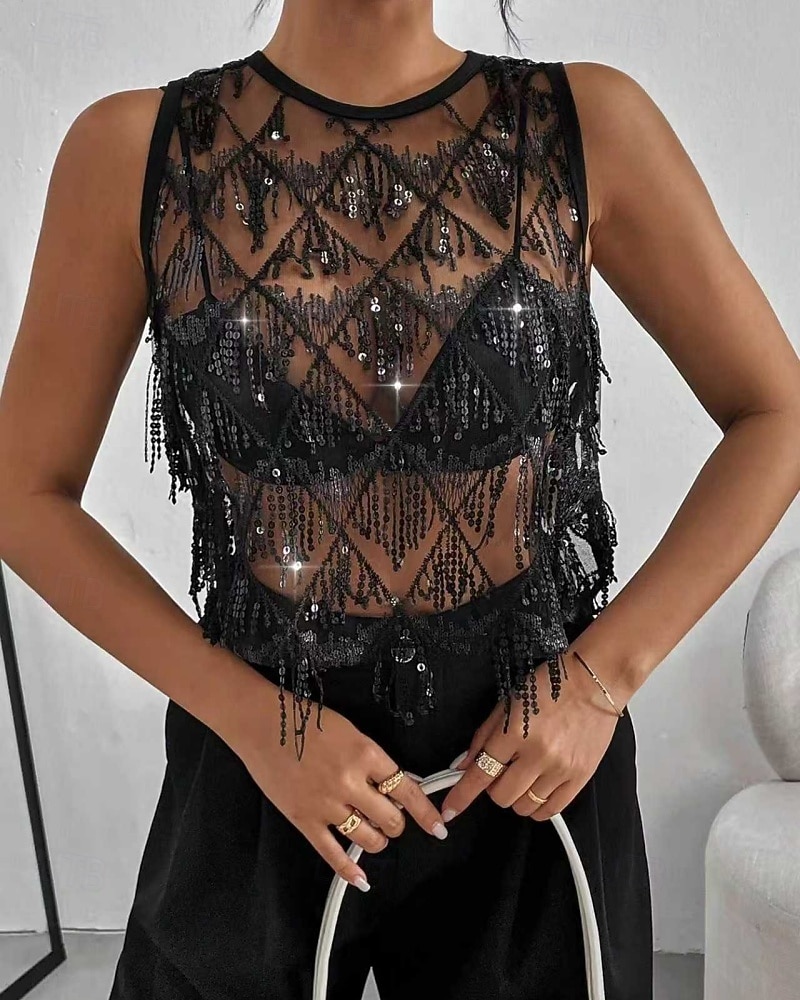 Per donna Maglietta Canotta Paillettes Tinta unica Moda Caldo Roccia Senza Maniche Girocollo Top Regolari Quotidiano Uscire Weekend Nero Estate Primavera Autunno del 2026 a $29.99 –P3