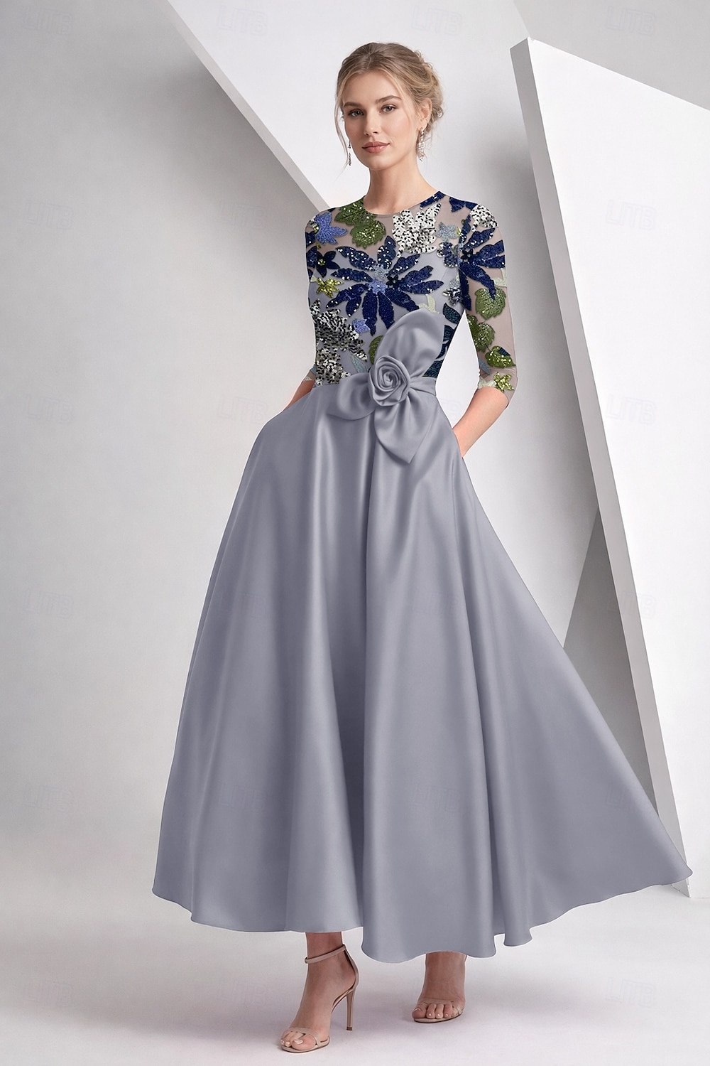 Linia -A Lungime Gleznă Brodat cu mărgele Rochie formala Rochia Mamei Miresei Rochii de cocktail Elegant strălucitoare Floral Lungime Manșon 3/4 Iluzii Nuntă Oficial Buzunar Satin Paiete Glugă la 2026 - $197.99 –P4