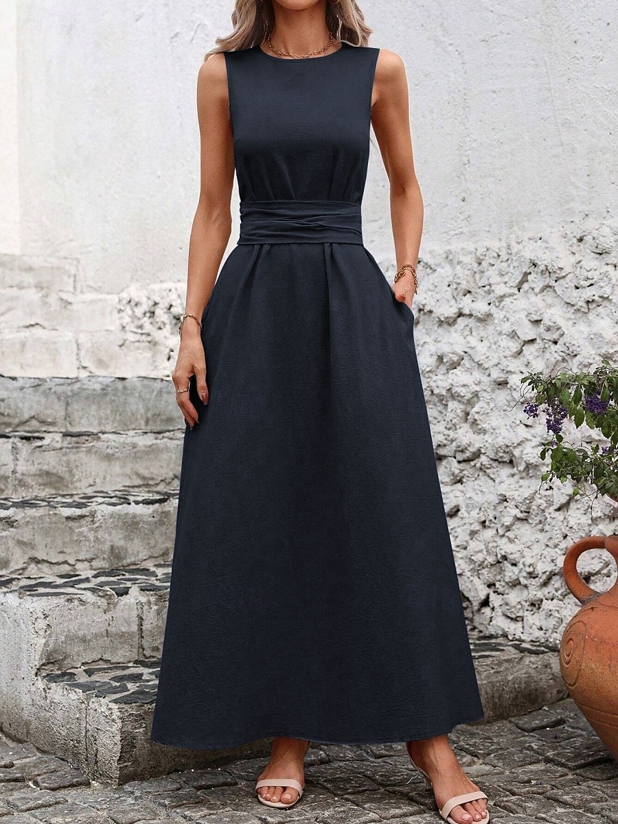 Damskie Sukienka maxi Sukienka A line Urlop Codzienny Na zewnątrz Wyjściowe Luźny / a Jednokolorowe Bez rękawów Wycięcie pod szyją Granatowy Czarny Czerwony Zielony Lato Wiosna 2026 - $31.99 –P15