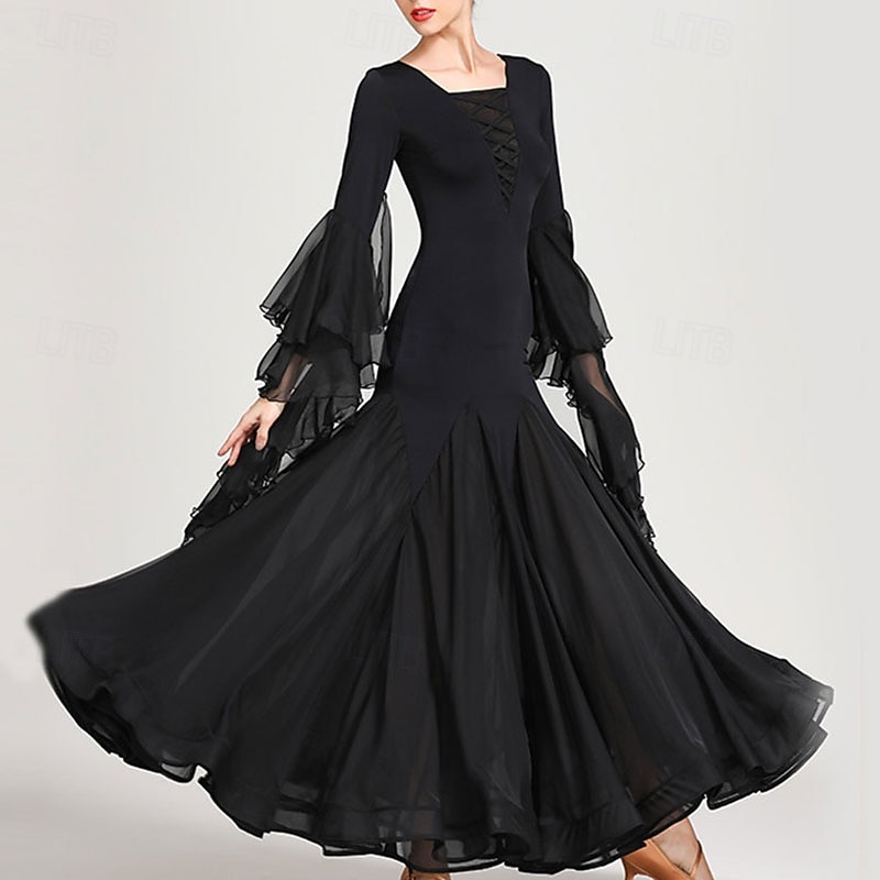 abito da ballo da sala nero da donna con scollo a V, maniche a balze multistrato, abito da valzer, abbigliamento da ballo moderno standard da competizione del 2026 a $161.99 –P3