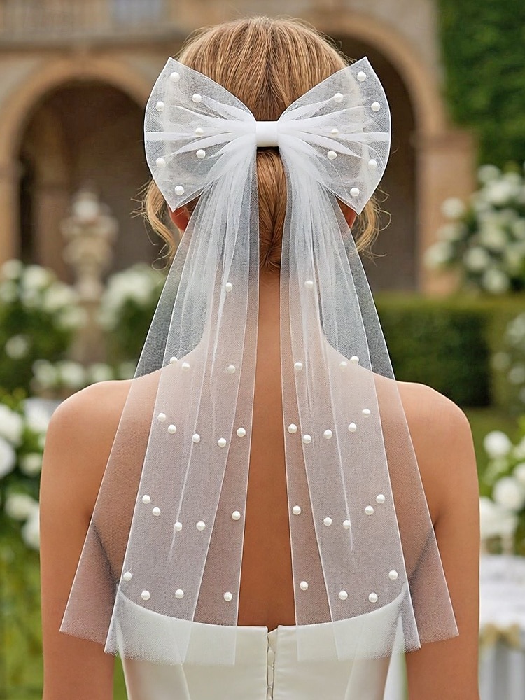 Elegante bruidssluier van tule met vlindermotief en imitatieparels, een bruidshoofdtooi van mesh in verschillende kleuren voor formele avondfeesten en bruiloften, en een haaraccessoire voor gala's en speciale gelegenheden. 2026 - $11.99 –P3