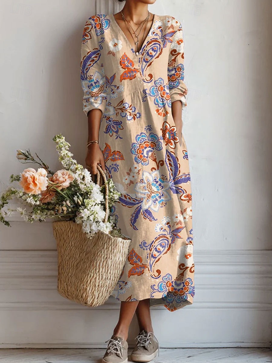 Women's Maxi Dress Linen Like Breathable Lightweight Sundress A Line Dress Vacation Casual Boho Holiday Regular Fit Floral Graphic Color Block Long Sleeve V Neck Yellow Pink Green Beige Summer Spring 2026 - $41.99 –P3