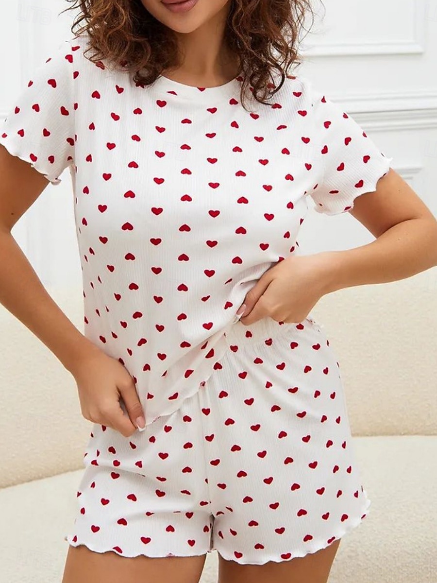 Dames Pyjamaset Casual Comfortabel Hart Elastische taille Korte broek Dagelijks Huis Korte mouw Strakke ronde hals Wit Blozend Roze Rood Bruin Zomer Lente Normale pasvorm 2026 - $14.99 –P13