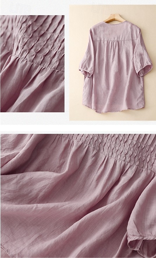 Mulheres Camisa Social Camisas com toque de linho Côr Sólida Tecido Vintage à moda Decote V Tops regulares Azul Branco Rosa Roxo Claro Verão Primavera de 2026 por $25.99 –P3