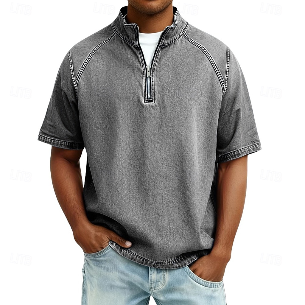 Heren Overhemd van 100% katoen met zure wassing T-shirt Korte mouw Opstaand Herfst winter Lente Herfst Effen Vintage Streetwear Casual Rits omhoog Kledingstuk geverfd Standaard Casual Huis Straat 2026 - $31.99 –P5