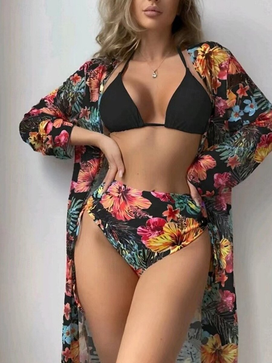 Damskie Stroje kąpielowe Bikini Trzyczęściowy Majtki Kostium kąpielowy Szczupła Odkryte plecy Urlop Stroje plażowe Kwiaty Kantarka Długi rękaw Kostiumy kąpielowe 2026 - $26.99 –P1