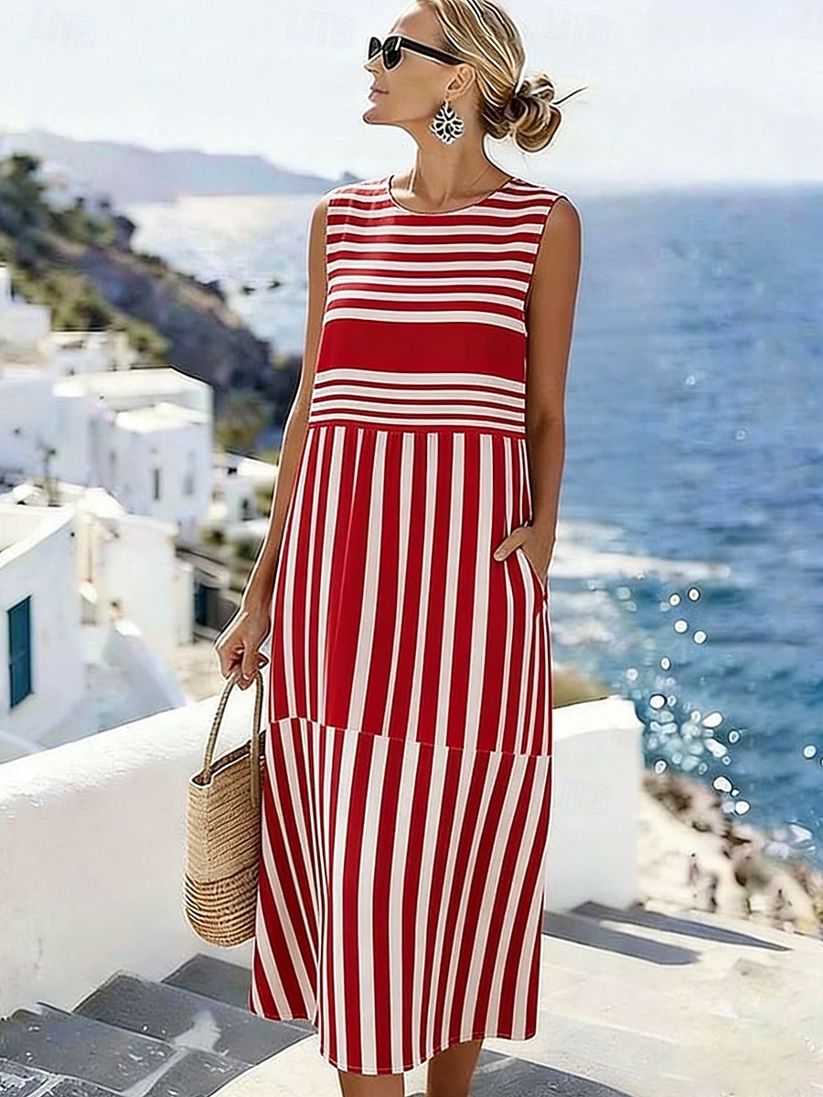 Kvinnors Midi Klänning Linne Likt Sommardress Skift Klänning Semester Avslappnad Strand Utgång Regelbunden Passform Grafisk Geometrisk Ärmlös Rund Hals Blå Gul Röd Sommar Vår 2026 - $37.99 –P1