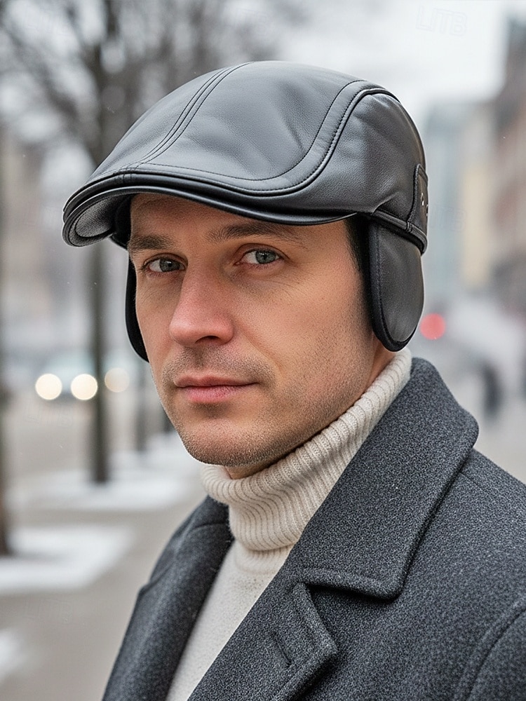 Miesten keinonahkainen lippis, tyylikäs taittuva korvaläpällinen muotoilu, saatavilla useissa väreissä, täydellinen talvi- ja ulkoiluun 2026 - $11.99 –P2
