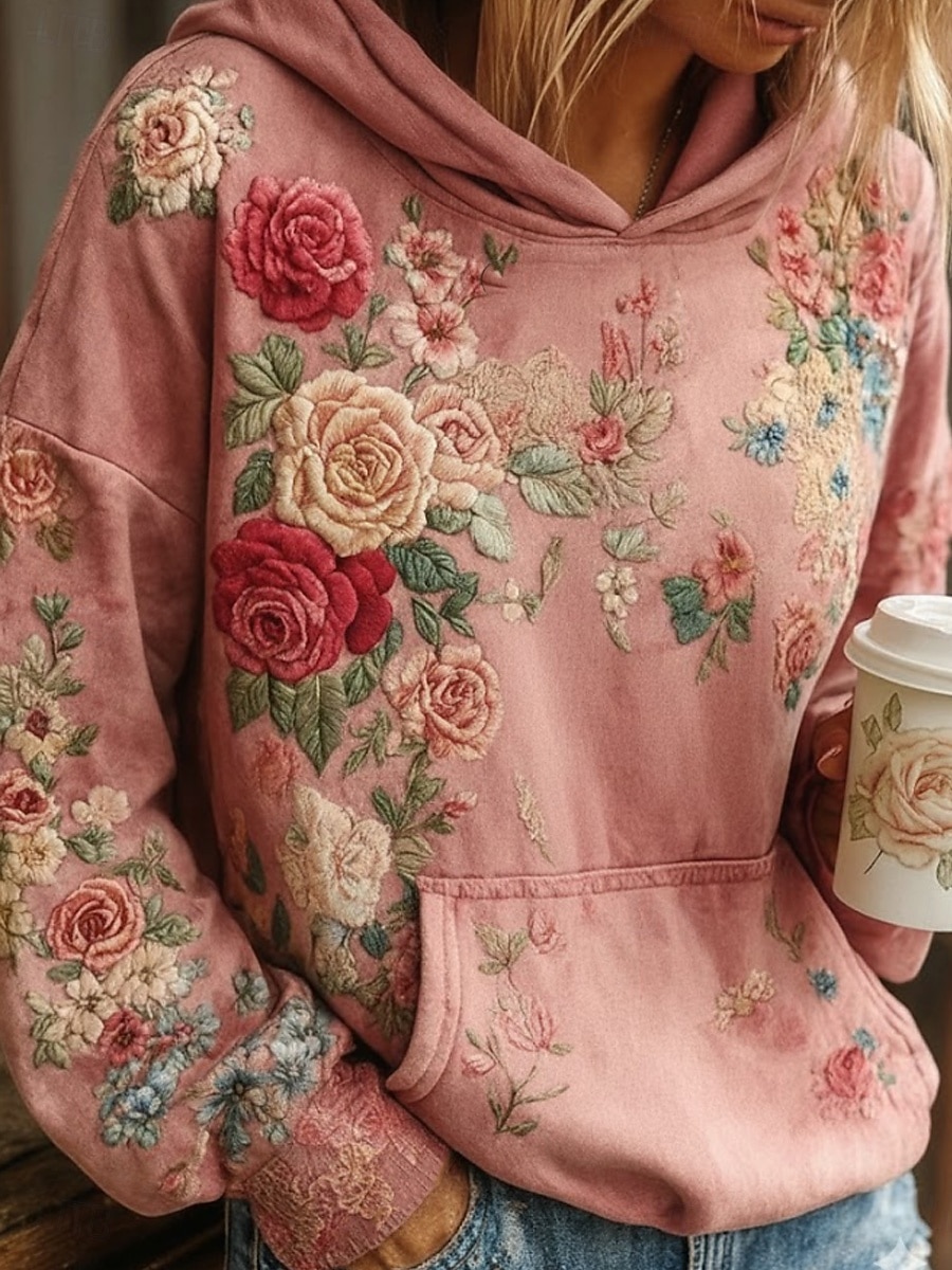 Dámská 3D tisková vintage boho mikina patchwork s květinovým pulovrem ležérní dlouhý rukáv mikina s kapucí každodenní nošení přední kapsa travně světle růžová fialová zelená jaro podzim zima 2026 - $16.99 –P3