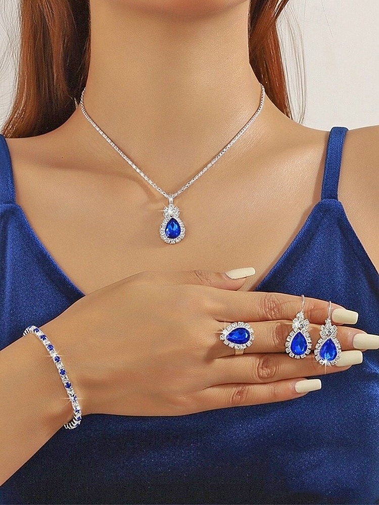 Naisten metalliseoskorusetti, "jotain sinistä" pisarakoru, korvakorut, sormus ja rannekoru, elegantti kimalteleva tyyli morsiamiin, häihin, cocktail-juhliin ja muodollisiin tilaisuuksiin 2026 - $9.99 –P3