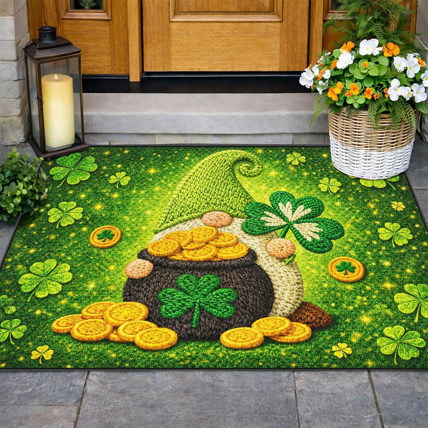 St Patrick's Day Doormat 2D Flat Print Design Featuring Gnome with Pot of Gold and Shamrocks on Sparkling Green Background 2026 - $10.49 –P1