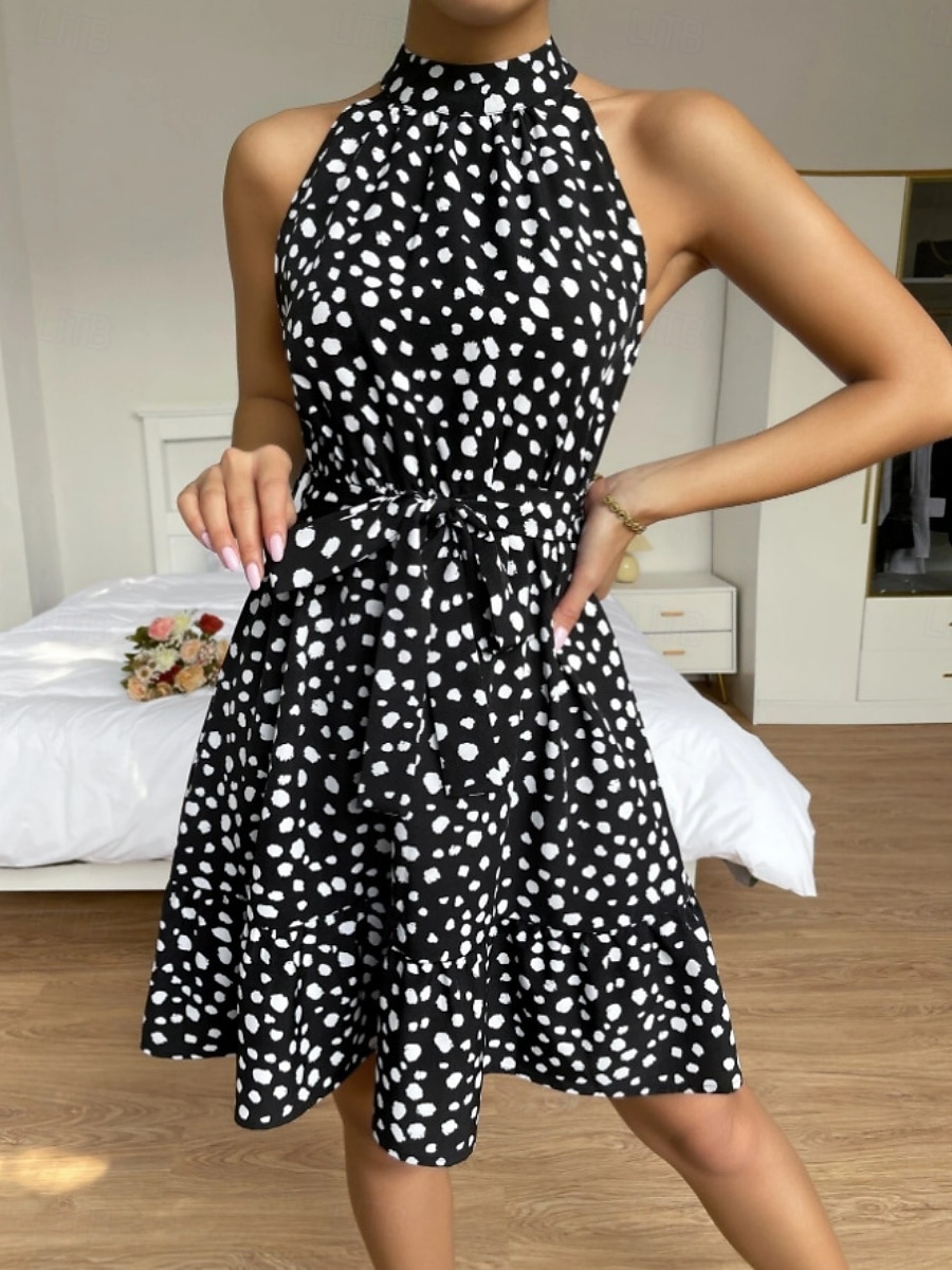 Жен. Мини-платье Платье A-силуэта Платье-комбинация Платье с открытыми плечами Отпуск На каждый день на открытом воздухе На выход Стандартная посадка Леопард Горошек Без рукавов НАЙКА НЕКО 2026 - $28.99 –P9