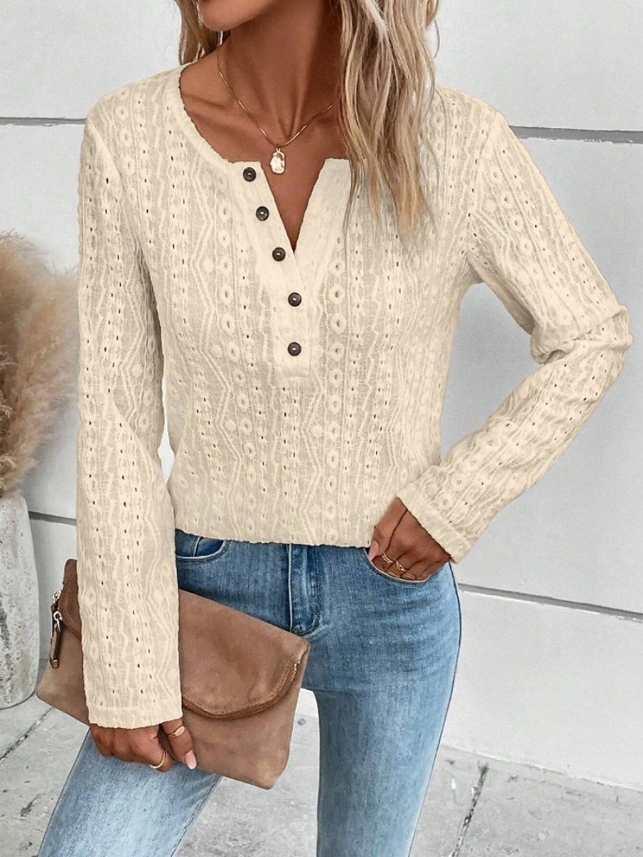 Damskie Top z koronką Bluzka Koronka Guziki Jednokolorowe Elegancki Codzienny Długi rękaw Półgolf Zwykłe topy Codzienny Czarny Biały Fioletowy Brązowy Morelowy Wiosna Jesień 2026 - $25.99 –P12