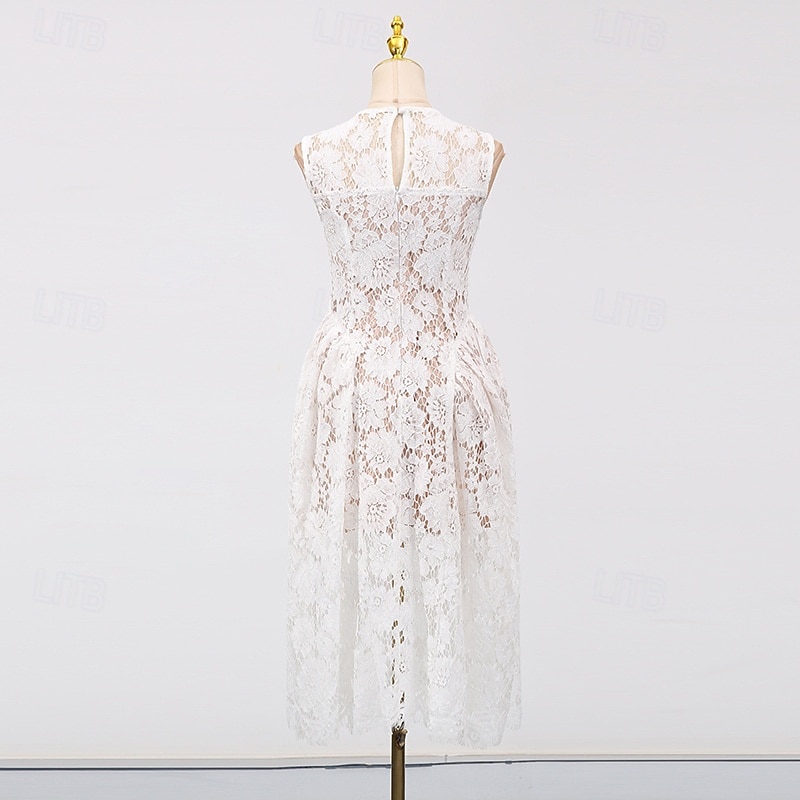 Corte A Vestido Midi Vestido de encaje Vestido blanco pequeño Elegante Vestidos Blancos Sin Mangas Cuello Barco Boda con Encaje Plisado 2026 - $126.99 –P5