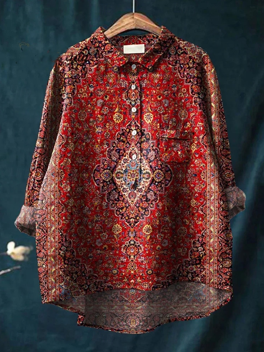 Womens Bluse Leinenähnlich Atmungsaktiv Leicht Grafik Geometrisch Aktiv Vintage Täglich Lange Ärmel Hemdkragen Tägliche Knöpfe Rot Sommer Frühling 2026 - $41.99 –P1