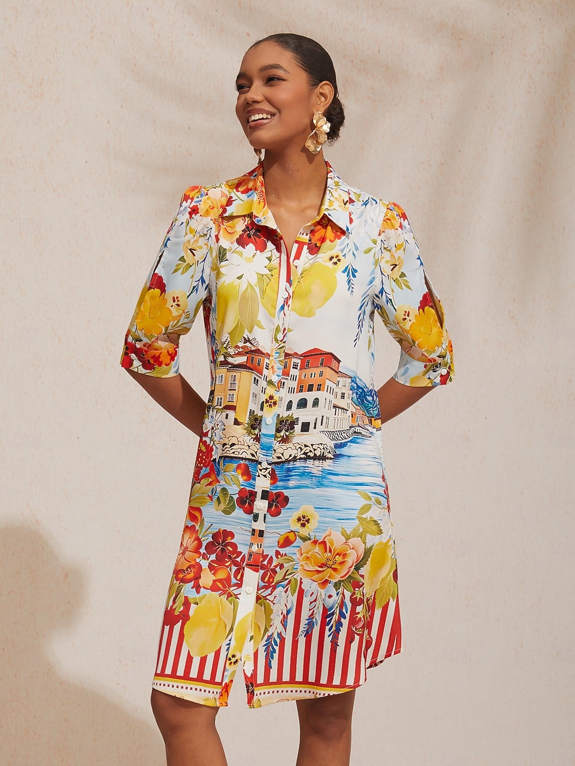 Платье-рубашка прямого кроя из атласа с цветочным принтом для отдыха 2026 - $86.99 –P6