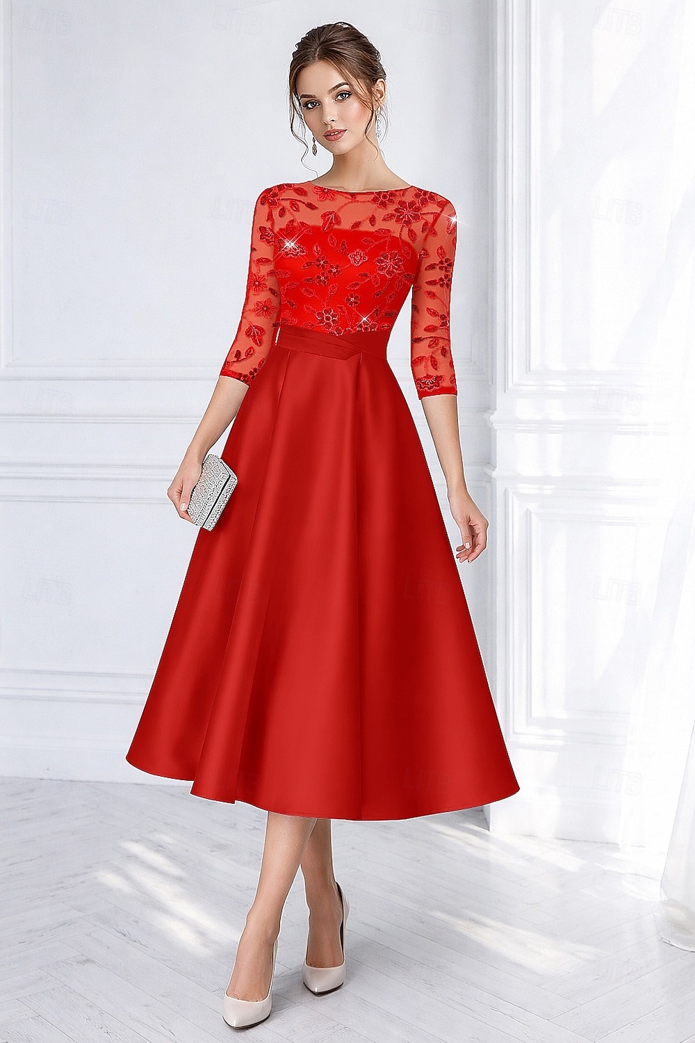 Linea ad A Lunghezza Tè Perline ricamate Abito Formale Abito da madre della sposa Abiti da Cocktail Abiti per invitati a matrimoni Elegante Pastello Manica 3/4 Scollo a Barca Formale Cocktail party del 2026 a $197.99 –P5