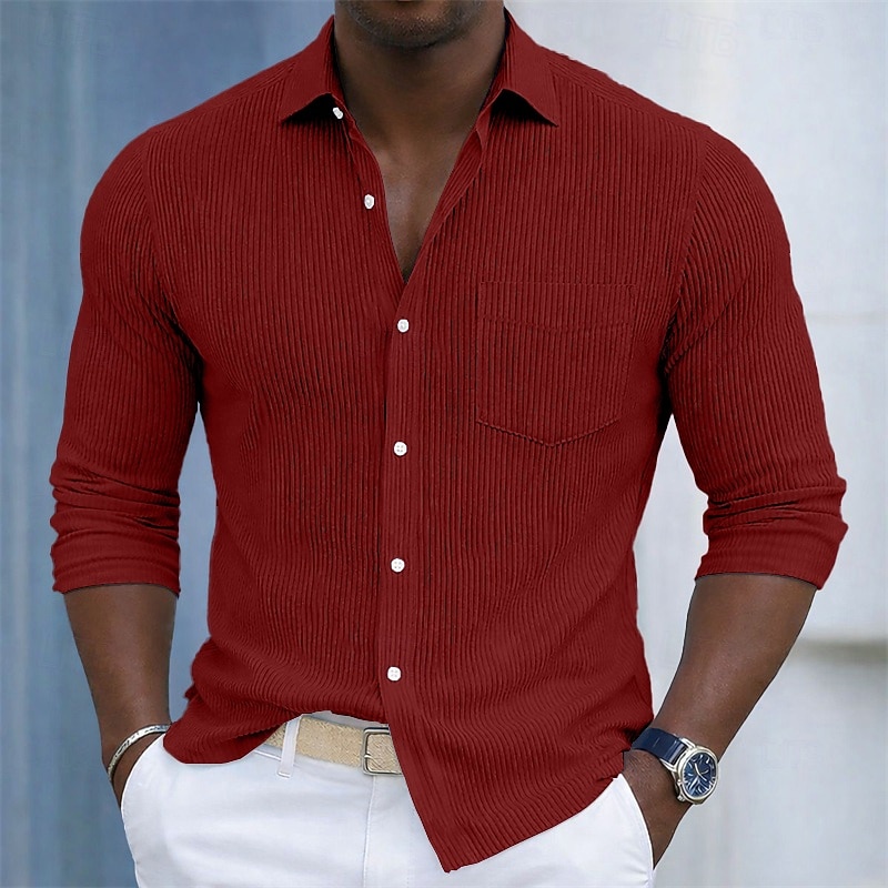 Bărbați Cămașă Textură Cămașă casual Cămasă Corduroy Camașă cu nasturi Negru Alb Vișiniu Bleumarin Trifoi Manșon Lung Simplu Guler Cămașă Casual Zilnic Buzunar frontal Îmbrăcăminte Elegant Mod 2026 - $31.99 –P6