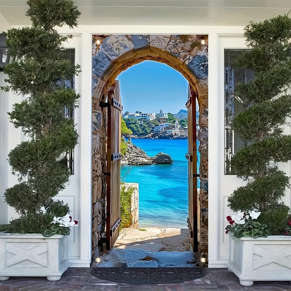 Baner na drzwi z motywem plaży śródziemnomorskiej, 3D, łukowy, kamienny widok, tropikalny krajobraz oceanu, do powieszenia na ścianie w przedpokoju, sypialni, domu 2026 - $17.99 –P5