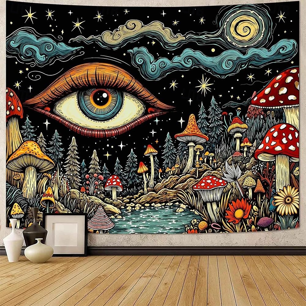 2026年 サイケデリックなキノコのタペストリー、トリッピーな目玉の壁掛け、星空の夜、銀河、森の風景、ヨガルーム、瞑想スペース、寝室の装飾用ウォールアート  コレクション – $20.99 –P2