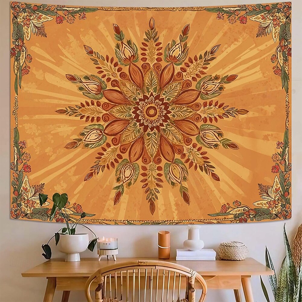 Tapeçaria de parede mandala amarelo mostarda, estilo boho vintage com design floral, grande, em tons terrosos, para decoração de casa, pôster de tecido para fundo de parede. de 2026 por $20.99 –P4