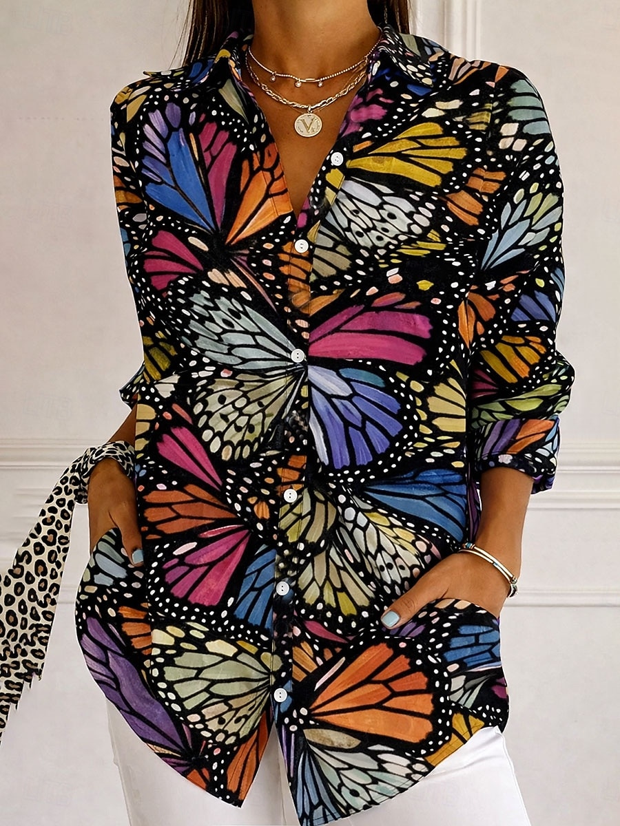 בגדי ריקוד נשים חולצה כפתורים דפוס Ombre פרחוני גראפי אלגנטית וינטאג' מסוגנן שרוול ארוך צווארון חולצה חולצות רגילות יומי עבודה פול שחור סגול כתום אביב סתיו חורף 2026 - $41.99 –P3