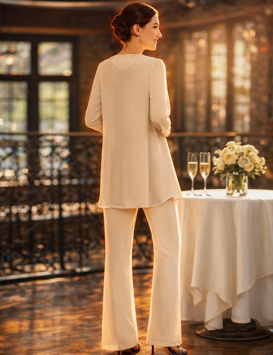 Jumpsuit Pantsuit 3 Piece Floor Length Mother of the Bride Dress Long Sleeve V Neck Elegant Formal Wedding Guest Chiffon Lace Jacket Dresses with Appliques 2026 - $160.99 –P2