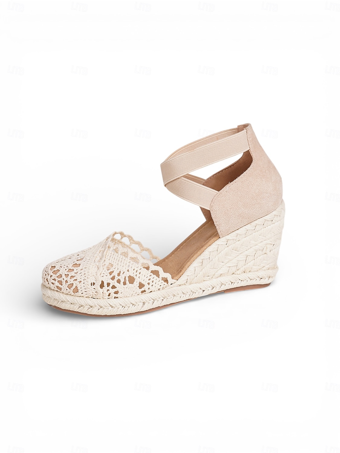 Sandalias de cuña con alpargatas de encaje beige para mujer, cómodas sandalias de dama de honor con tira en el tobillo para bodas en la playa. 2026 - $46.99 –P6