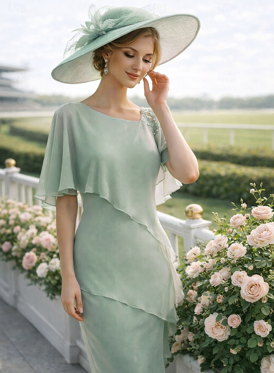 Tubino Colonna Lunghezza al ginocchio Vestito da Festa Abito da Cocktail Abito da invitata a nozze Abito da cerimonia per signora Mezza Manica Collo gioiello Elegante Ospite di nozze Chiffon con del 2026 a $172.99 –P3