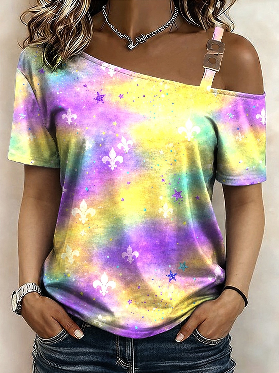 Mardi Gras Dámské Tričko Grafika Tropický vzhled Havajské stylové Krátký rukáv Asymetrický krk Crop Tops Svatba na pláži Denní Sport Bílá / černá Bílá Žlutá Světle zelená Fialová Léto Jaro 2026 - $21.99 –P6