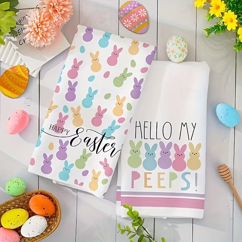 2 stk. kjøkkenhåndklær med påskehare-trykk, vaskbare vårhåndklær med påskehare &eggmønstre, moderne gårdshus rektangulære oppvaskkluter egnet for vårsesongdekorasjonsgave 2026 - $9.99 –P6
