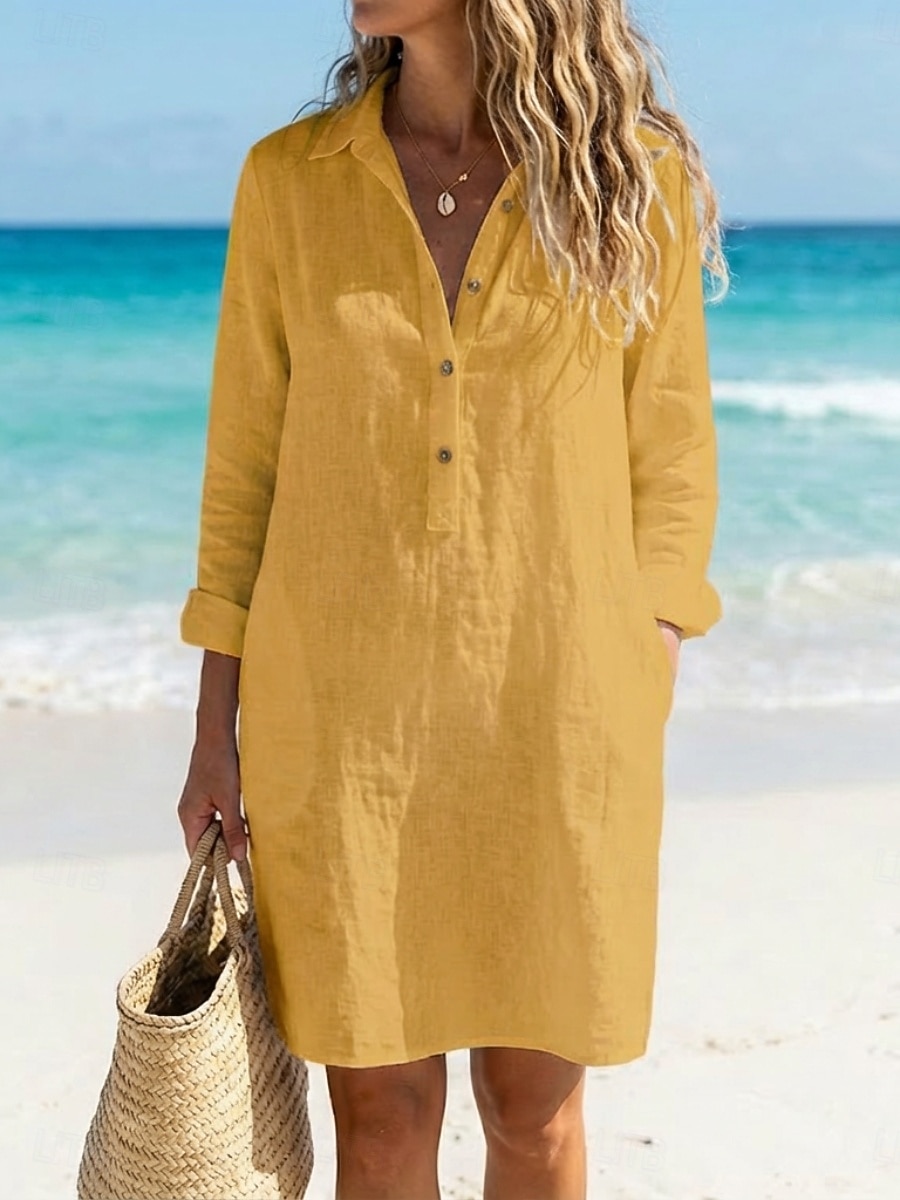 Per donna Abito al ginocchio Abiti in cotone e lino Abito Camicia Moda Moderno All'aperto Vacanza Ferie Vestibilità regolare Semplice Manica Lunga Colletto a Camicia Bianco Giallo Blu marino Estate del 2026 a $21.99 –P1