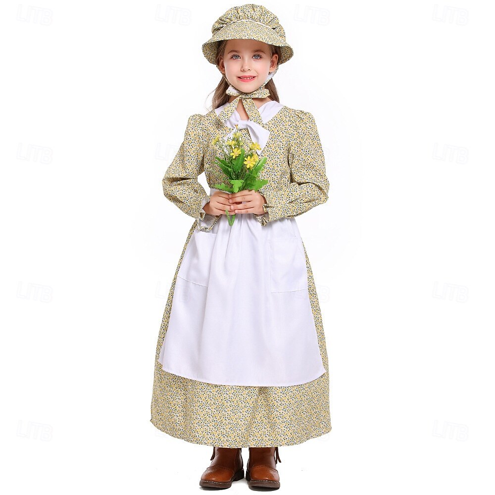 250th Anniversary USA Colonial Period 19th Century Prairie Dress Bonnet and Apron Set Long Sleeves Pioneer Girl Colonial Revolutionary War Costumes Floral Fancy Dress Girls' Halloween Carnival School 2026 - $47.99 –P1